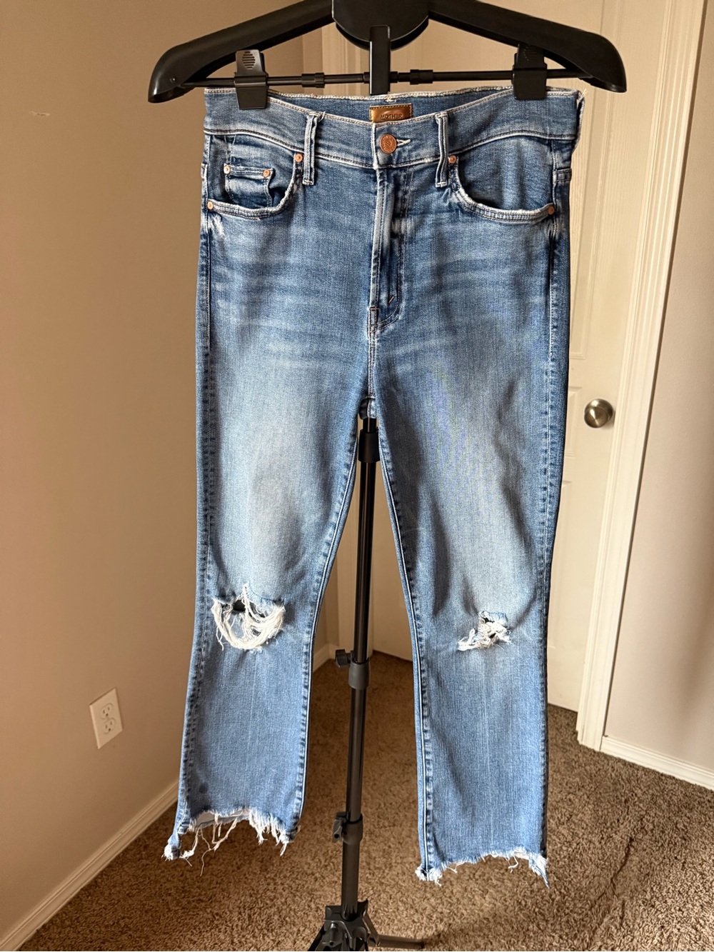MOTHER Light Blue Distressed Ankle Crop Jeans
